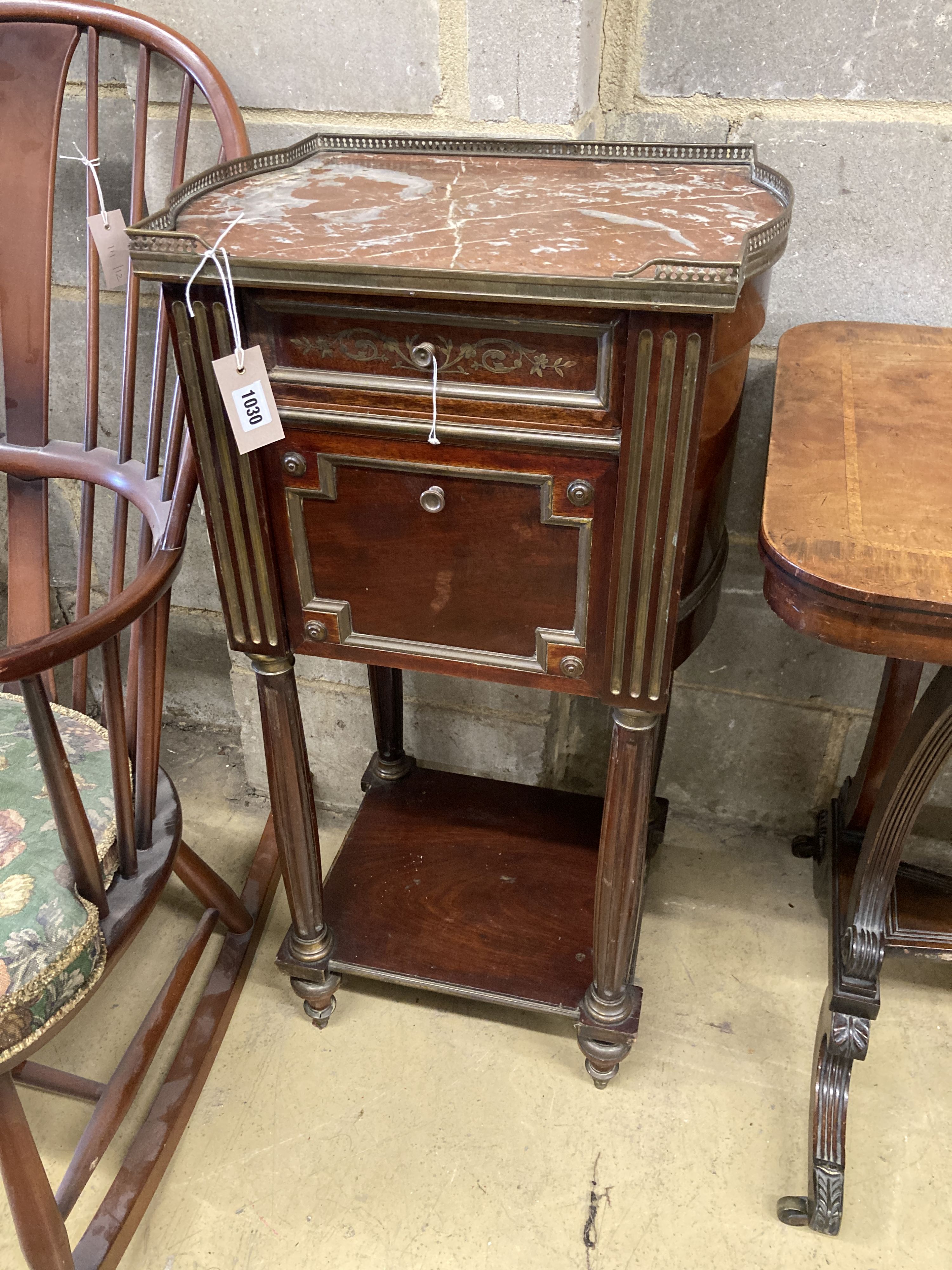 A 19th century French marble top brass inlaid bedside cabinet, width 46cm, depth 35cm, height 90cm